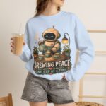 Brewing Peace Robot Sweatshirt — "Brewing Peace One Cup at a Time" Cozy Crewneck