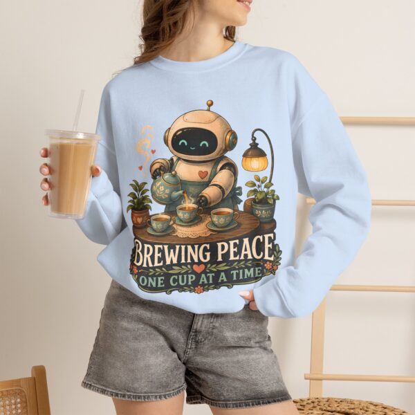 Brewing Peace Robot Sweatshirt — "Brewing Peace One Cup at a Time" Cozy Crewneck