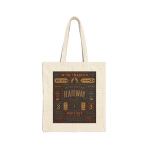 Railway Vintage Sign Tote Bag — Retro Train Station Canvas Tote antique train station signage, with bold directional typography, weathered enamel textures, and classic rail-era layou