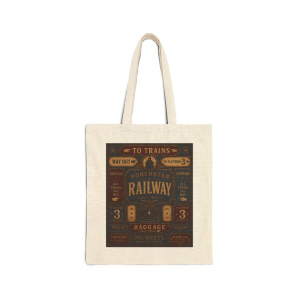 Railway Vintage Sign Tote Bag — Retro Train Station Canvas Tote antique train station signage, with bold directional typography, weathered enamel textures, and classic rail-era layou