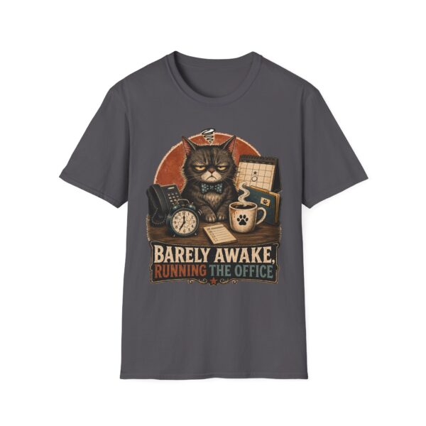 Barely Awake Office Cat T-Shirt — Funny Grumpy Cat Coffee Work Shirt