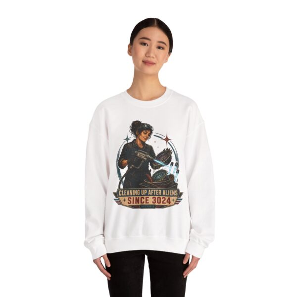 Crewneck Sweatshirt — "Cleaning Up After Aliens Since 3024" Retro Sci‑Fi Crew