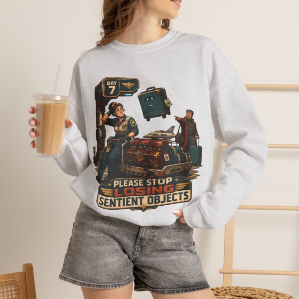 Please Stop Losing Sentient Objects Crewneck Sweatshirt — Retro Sci‑Fi Graphic