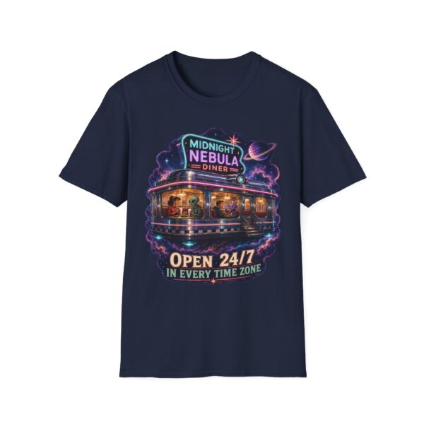 Midnight Nebula Diner T-Shirt — 'Open 24/7 in Every Time Zone' Retro Space Diner Tee
