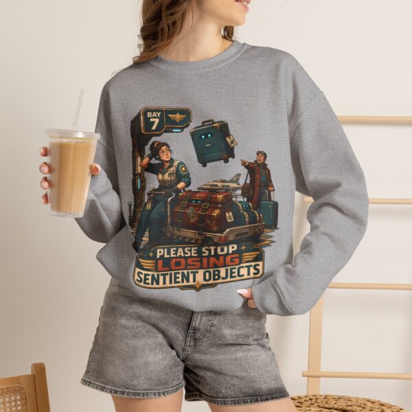 Please Stop Losing Sentient Objects Crewneck Sweatshirt — Retro Sci‑Fi Graphic
