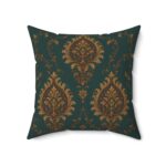Vintage Teal Damask Pillow — Antique Gold Baroque Floral Throw Cushion