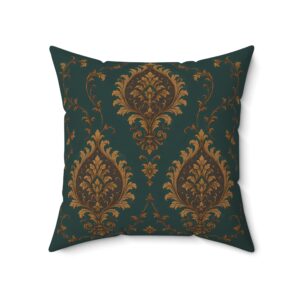 Vintage Teal Damask Pillow — Antique Gold Baroque Floral Throw Cushion