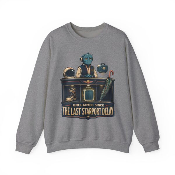 Crewneck Sweatshirt — "Unclaimed Since The Last Starport Delay" Alien Concierge Graphic