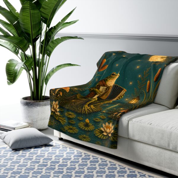 Magical Frog Playing Accordion Sherpa Blanket — Cozy Woodland Moonlight Throw