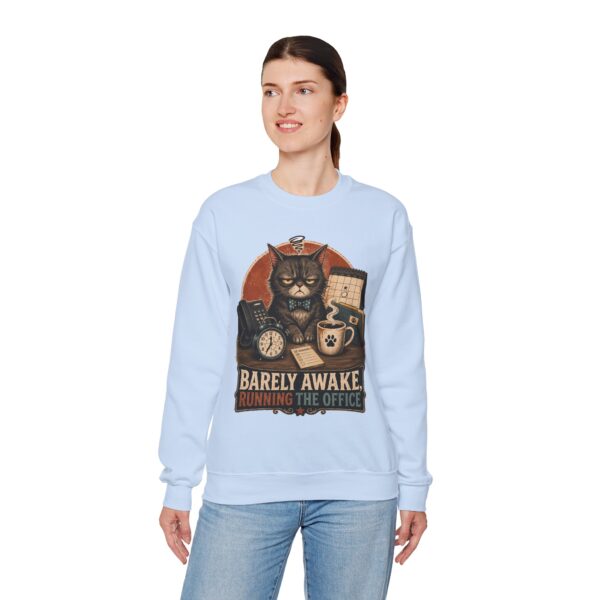 Cat Office Sweatshirt — "Barely Awake, Running the Office" Cozy Crewneck