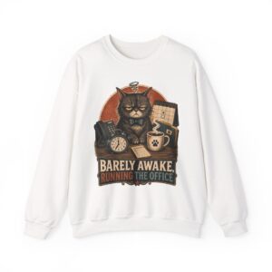 Cat Office Sweatshirt — "Barely Awake, Running the Office" Cozy Crewneck