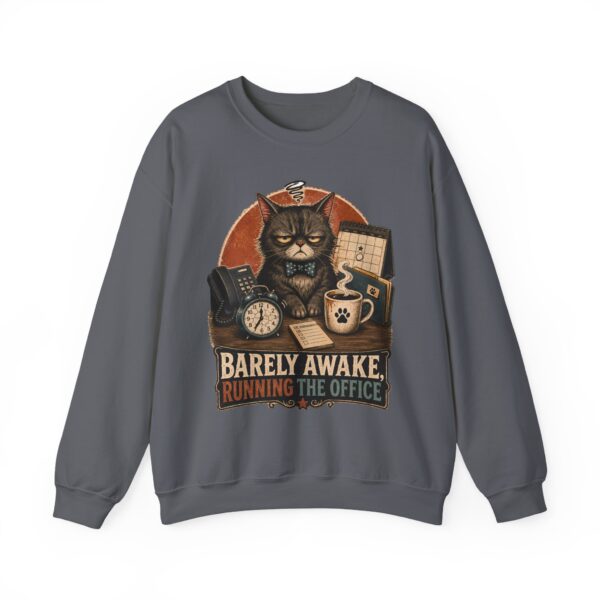 Cat Office Sweatshirt — "Barely Awake, Running the Office" Cozy Crewneck