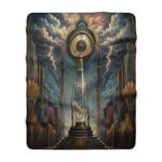 Art Deco Timepiece Sherpa Blanket — Vintage Clock & Stormscape Cozy Throw