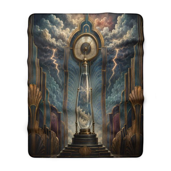 Art Deco Timepiece Sherpa Blanket — Vintage Clock & Stormscape Cozy Throw