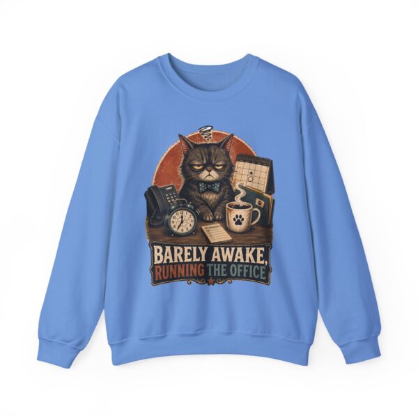 Cat Office Sweatshirt — "Barely Awake, Running the Office" Cozy Crewneck