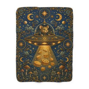Cosmic Cheese Heist Sherpa Blanket — Whimsical Mouse UFO Fleece Throw