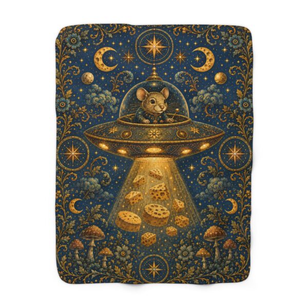 Cosmic Cheese Heist Sherpa Blanket — Whimsical Mouse UFO Fleece Throw