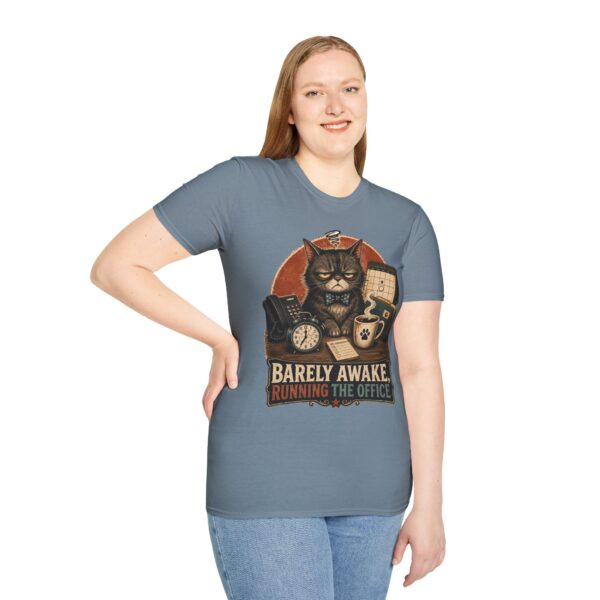 Barely Awake Office Cat T-Shirt — Funny Grumpy Cat Coffee Work Shirt