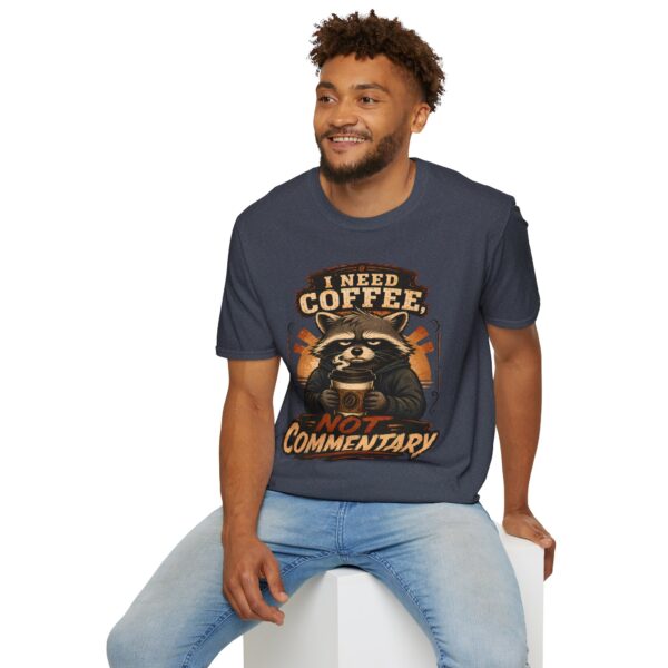 I Need Coffee Not Commentary Raccoon T-Shirt — Funny Coffee Lover Graphic Tee