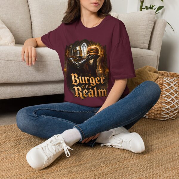 Burger of the Realm T-Shirt — Medieval Knight Holding Burger Graphic Tee