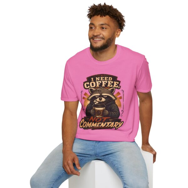 I Need Coffee Not Commentary Raccoon T-Shirt — Funny Coffee Lover Graphic Tee