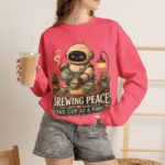 Brewing Peace Robot Sweatshirt — "Brewing Peace One Cup at a Time" Cozy Crewneck