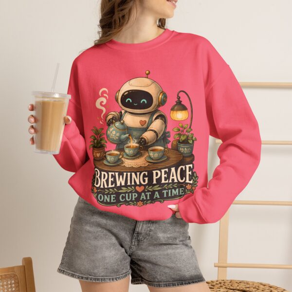 Brewing Peace Robot Sweatshirt — "Brewing Peace One Cup at a Time" Cozy Crewneck