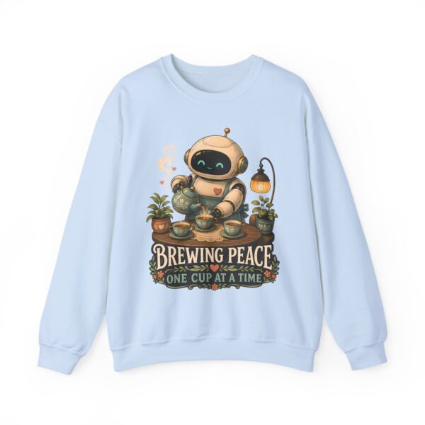 Brewing Peace Robot Sweatshirt — "Brewing Peace One Cup at a Time" Cozy Crewneck