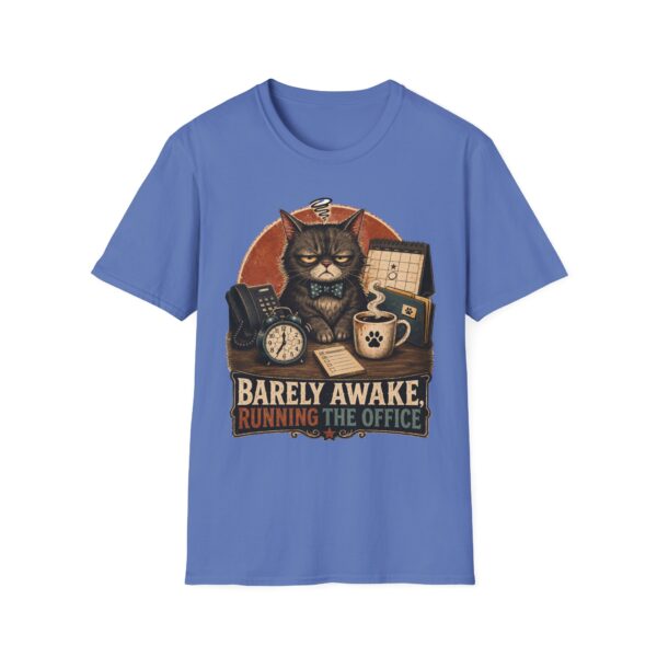 Barely Awake Office Cat T-Shirt — Funny Grumpy Cat Coffee Work Shirt