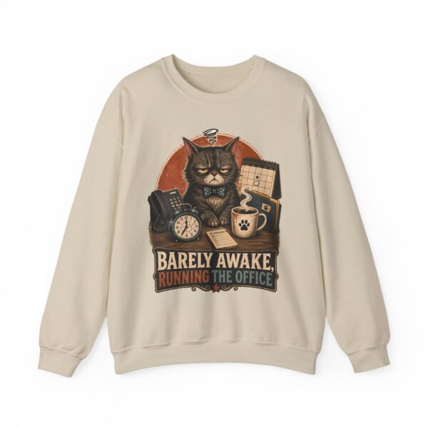 Cat Office Sweatshirt — "Barely Awake, Running the Office" Cozy Crewneck