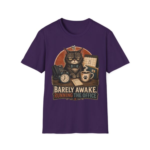 Barely Awake Office Cat T-Shirt — Funny Grumpy Cat Coffee Work Shirt