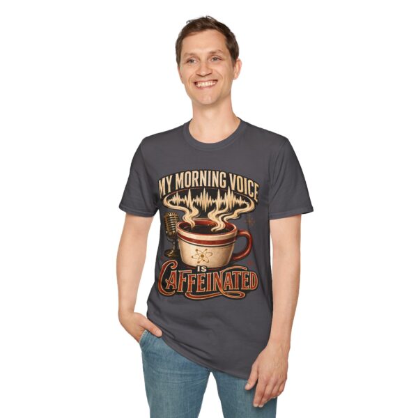 My Morning Voice Is Caffeinated T-Shirt — Coffee, Mic & Soundwave Vintage Tee