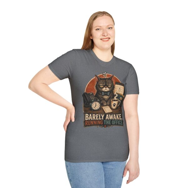 Barely Awake Office Cat T-Shirt — Funny Grumpy Cat Coffee Work Shirt