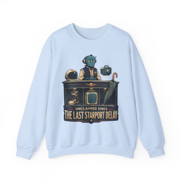 Crewneck Sweatshirt — "Unclaimed Since The Last Starport Delay" Alien Concierge Graphic