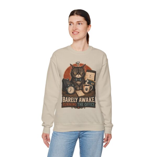 Cat Office Sweatshirt — "Barely Awake, Running the Office" Cozy Crewneck