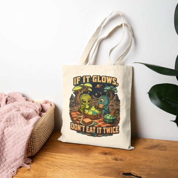 Alien Picnic Tote Bag — "If It Glows, Don't Eat It Twice" Cotton Canvas Grocery Tote