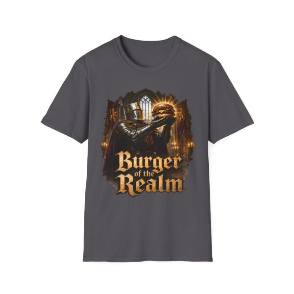 Burger of the Realm T-Shirt — Medieval Knight Holding Burger Graphic Tee