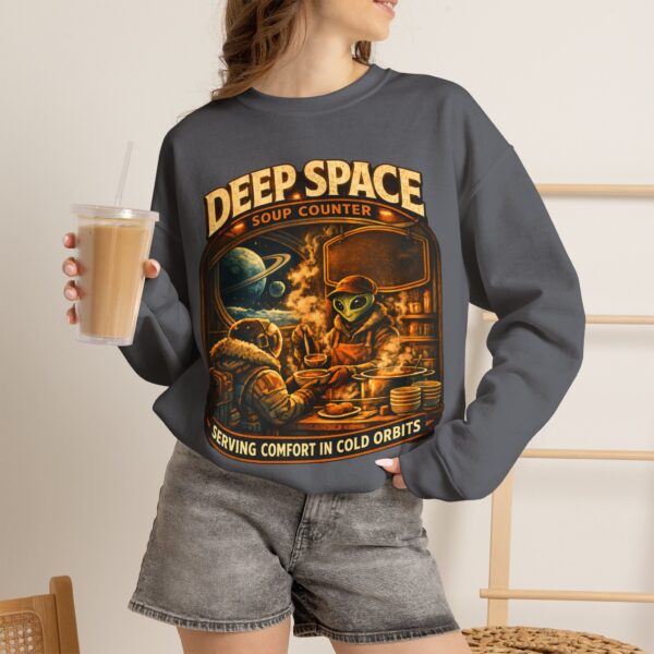 Deep Space Soup Counter Crewneck Sweatshirt — Retro Sci‑Fi Diner Graphic ("Serving Comfort in Cold Orbits")