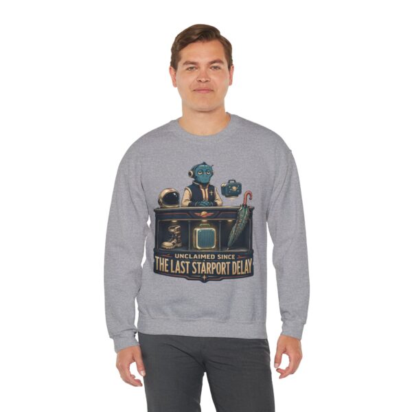 Crewneck Sweatshirt — "Unclaimed Since The Last Starport Delay" Alien Concierge Graphic