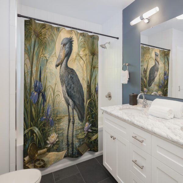 Shoebill Marsh Shower Curtain — Vintage Botanical Bird Bathroom Decor