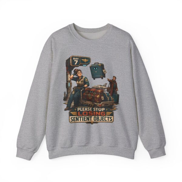 Please Stop Losing Sentient Objects Crewneck Sweatshirt — Retro Sci‑Fi Graphic