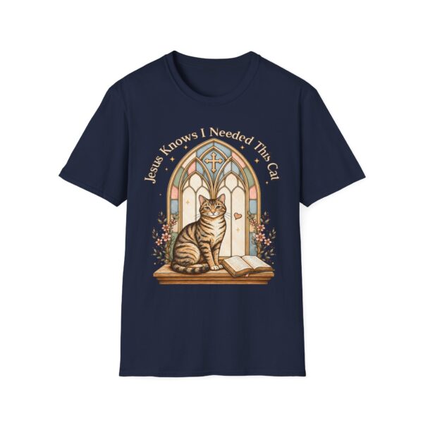 Cat Prayer T-Shirt — "Jesus Knows I Needed This Cat" Vintage Stained-Glass Design