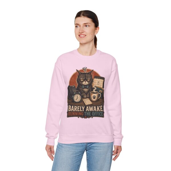 Cat Office Sweatshirt — "Barely Awake, Running the Office" Cozy Crewneck