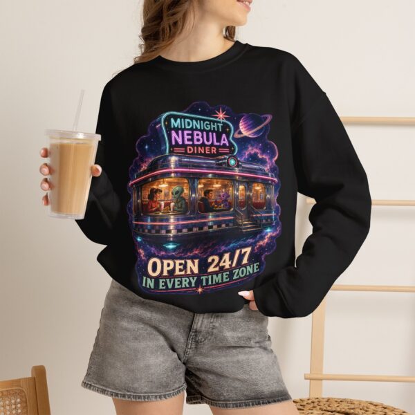 Midnight Nebula Diner Sweatshirt — "Open 24/7 in Every Time Zone"