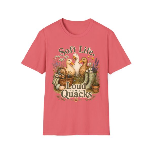 T-Shirt — "Soft Life, Loud Quacks" Cute Duck Graphic Tee one dramatic duck standing in shallow pond water with cattails, ripples, reeds, and a slightly judgmental expression. Give the duck a...
