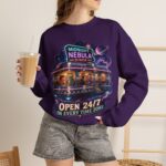 Midnight Nebula Diner Sweatshirt — "Open 24/7 in Every Time Zone"