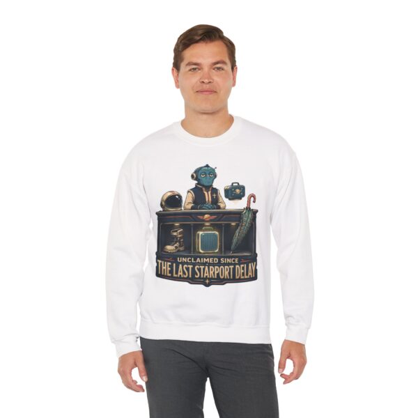 Crewneck Sweatshirt — "Unclaimed Since The Last Starport Delay" Alien Concierge Graphic