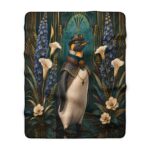 Regal Penguin Sherpa Blanket — Victorian Floral Steampunk Throw