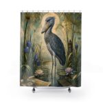 Shoebill Marsh Shower Curtain — Vintage Botanical Bird Bathroom Decor
