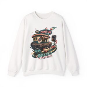 Comet Café Crewneck Sweatshirt — Retro Space Diner “Open 24/7” Graphic